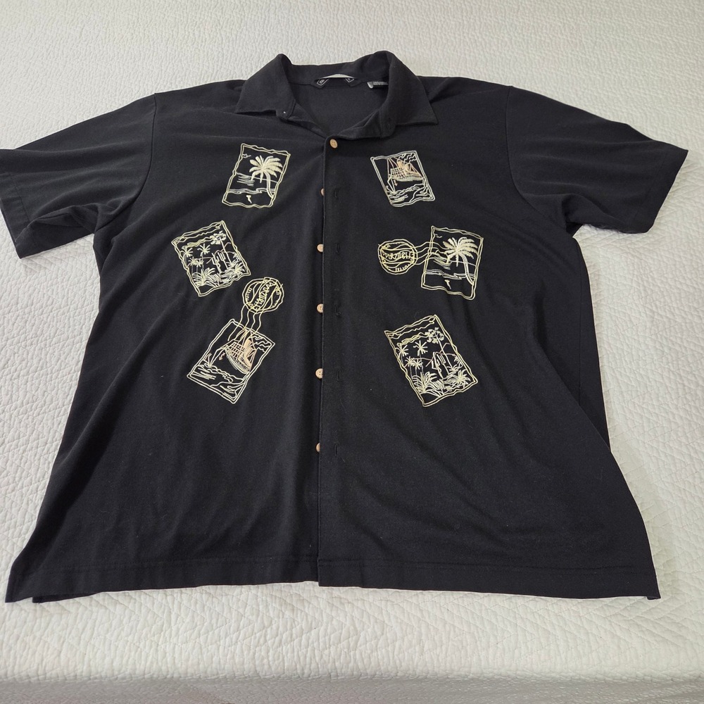 The Havanera Shirt Co Mens XL Black Embroidered Postcard Camp Shirt Button Up